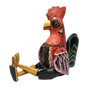 Folk Art Large Carved Wooden Rooster Hand Painted Hinged Joint Shelf Sitter